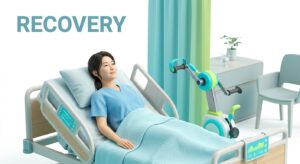 평온한 표정으로 회복 중인 암 환자와 전문적인 재활 환경